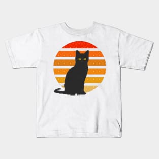 Black Cat Retro Sunset Kids T-Shirt